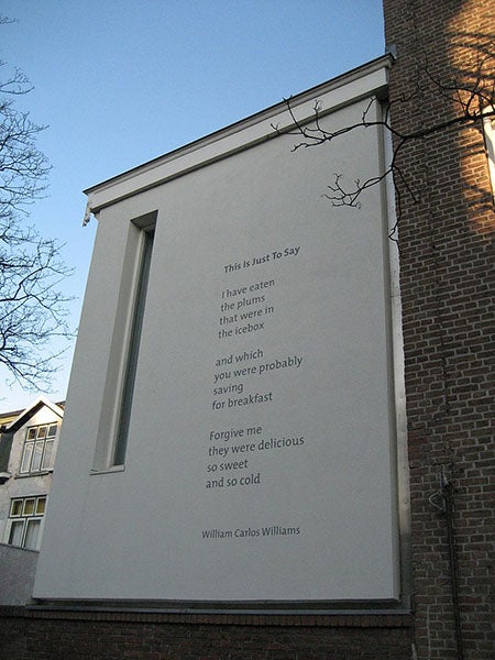 “This is Just to Say,” poem by William Carlos Williams, 1934, on a memorial stone in The Hague (Wikimedia commons)