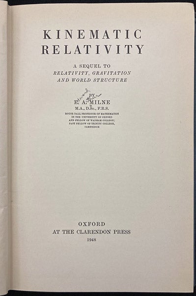 Title page, Kinematic Relativity; A Sequel to Relativity, Gravitation and World Structure, by E. A. Milne, 1948 (Linda Hall Library)