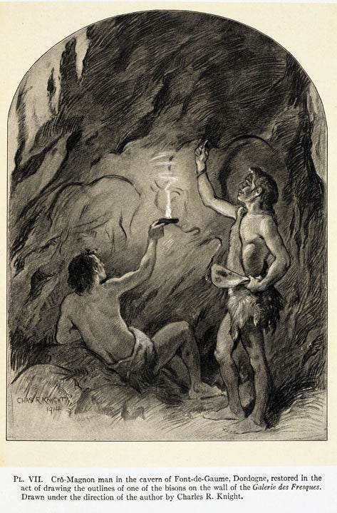 Cro-Magnon men drawing on cave walls. Image source: Osborn, Henry Fairfield. Men of the Old Stone Age. New York: Scribner’s, 1915, pl. 7.