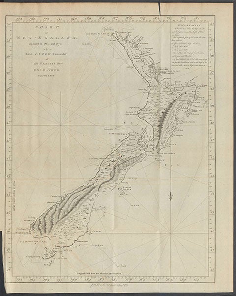 Chart of New Zealand, North and South Islands, compiled and drawn by James Cook, 1770, in John Hawkesworth, An Account of the Voyages, 1773 (Linda Hall Library)