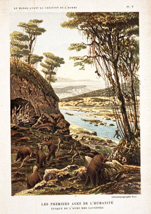 Encounter between early humans and cave bears. Image source: Flammarion, Camille. Le monde avant la création de l'homme. Paris, 1886, pl. 5. 