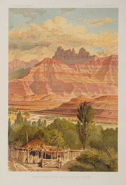 “Smithsonian Butte – Valley of the Virgen,” chromolithograph from a drawing by William Henry Holmes, frontispiece, Tertiary History of the Grand Cañon District, by Clarence E. Dutton (USGS Monograph, 2), 1882, copy 2 (Linda Hall Library)