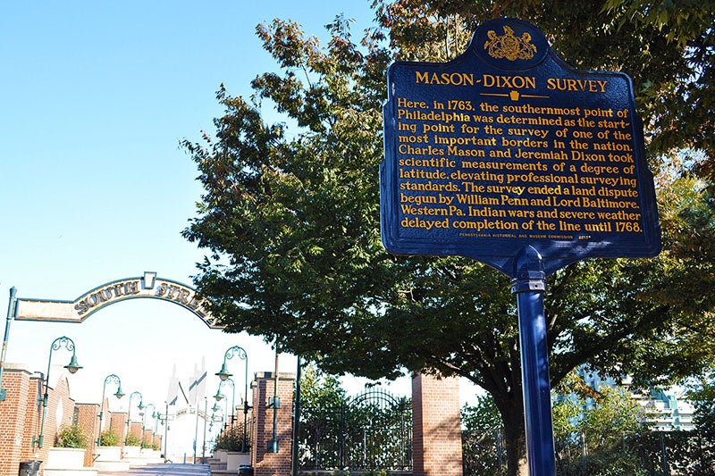 Historical marker in south Philadelphia, locating the point where Mason and Dixon set out to survey the east-west line between Pennsylvania and Maryland (Wikimedia commons)