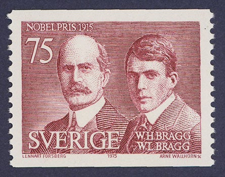 William and Lawrence Bragg on a Swedish postage stamp, 1975 (jgiesen.de)