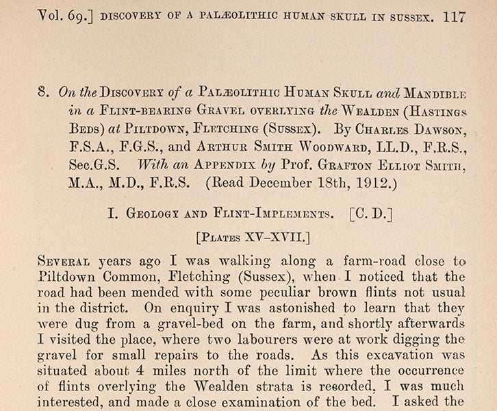 First page of paper by Dawson and Woodward on the discoveries at Piltdown, Quarterly Journal of the Geological Society of London, 1913 (Linda Hall Library)