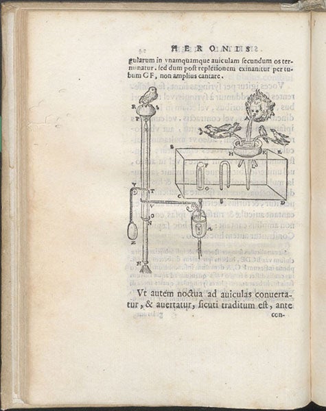 A singing, rotating bird, powered by water, woodcut, Heronis Alexandrini Spiritalium liber, ed. by Federico Commandino, 1575 (Linda Hall Library)