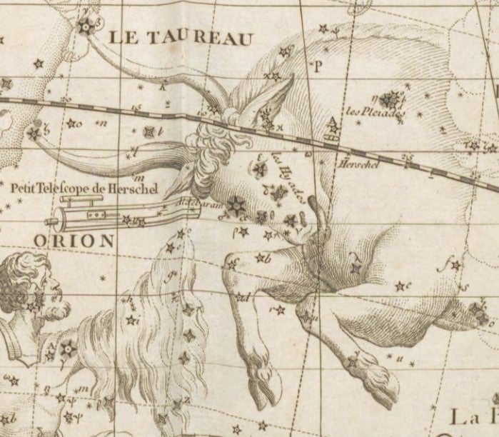 Orion and Taurus. Image source: Flamsteed, John. Atlas celeste. "Troisieme edition." Paris, 1795, pl. 14.
