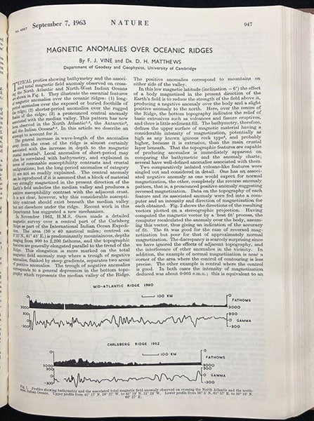 Full first page, showing the symmetric nature of the magnetic anomalies graphed at bottom, “Magnetic anomalies over ocean ridges,” by F. Vine and D. H. Matthews, Nature, vol. 199, p. 947, 1963 (Linda Hall Library)