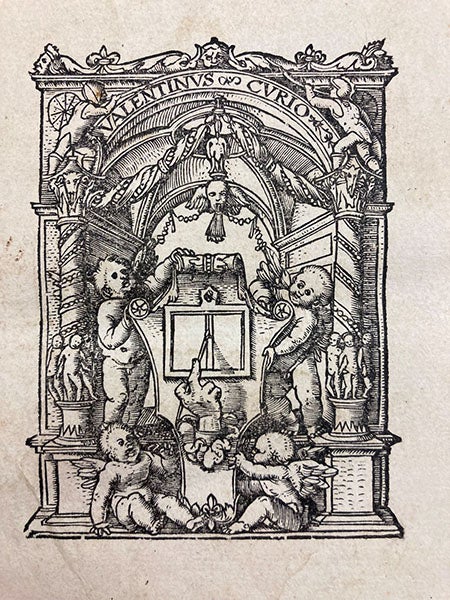 Printer’s device for Valentinus Curio of Basel, by Hans Holbein, Strabonis geographicorum, last page, 1523 (The Linda Hall)