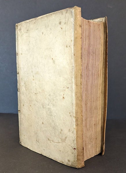 Vellum binding with folded-over edges, and fore-edge of text-block, sammelband of four works by Stefano degli Angeli, 1659-1662 (Linda Hall Library)