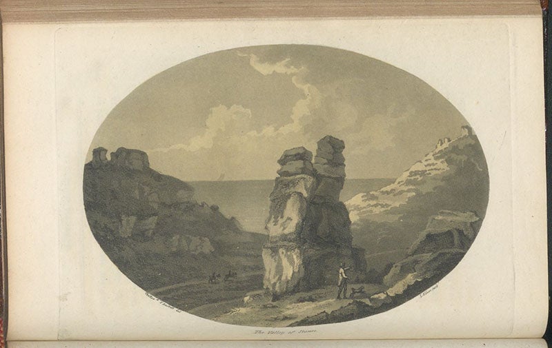 Valley Rocks at the mouth of the River Severn, aquatint by Samuel Alken after drawing by Thomas Rackett, in Observations Relative Chiefly to the Natural History, Picturesque Scenery, and Antiquities, of the Western Counties of England, by Willam George Maton, vol. 2, p. 84, 1797.