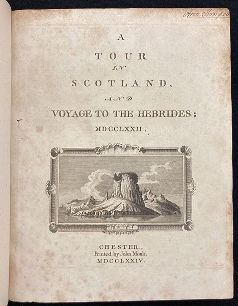 Title page, A Tour in Scotland, and Voyage to the Hebrides; MDCCLXXII, by Thomas Pennant, vol. 1, 1774 (Linda Hall Library)