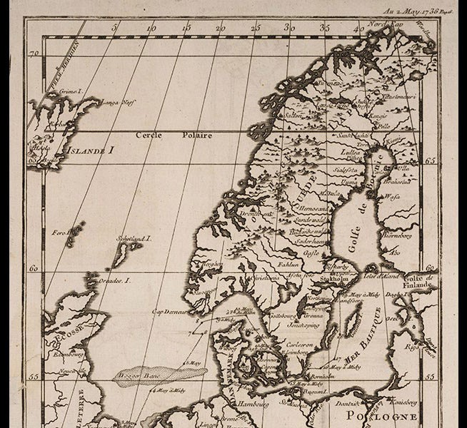 Map of Scandinavia, showing the Gulf of Bothnia and the town of Tornea (Tornio), where the French expedition to Lapland was headquartered in 1736-37, from Abbé Réginald Outhier, Journal d'un voyage au nord, en 1736 & 1737, 1744 (Linda Hall Library)