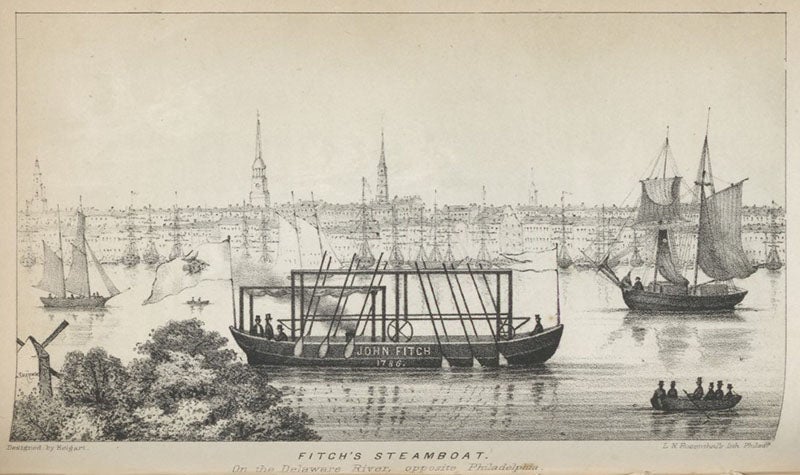 Artist’s impression of the steamboat of John Fitch on the Delaware River, 1786, lithograph in J. Franklin Reigart, The Life of Robert Fulton, 1856 (Linda Hall Library)