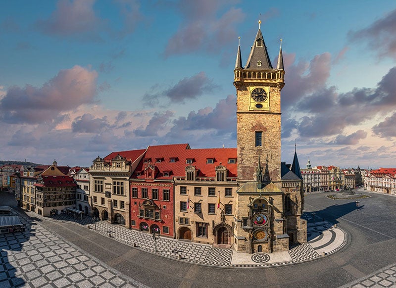 Old Town Hall, with Clock Tower and Astronomical Clock, Old Town Square, Prague, Czech Republic, photograph with fish-eye lens (prague.eu)