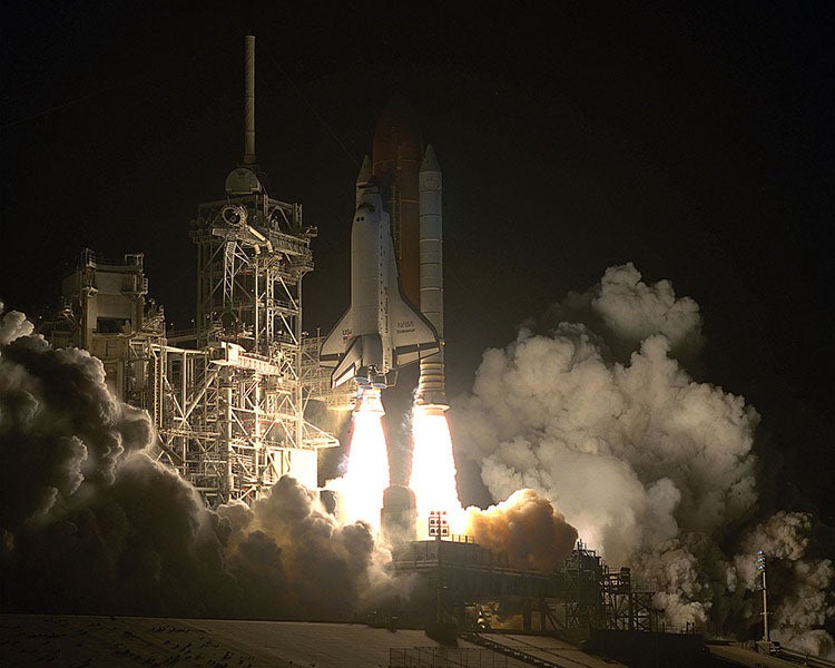 The launch (at night) of STS-61 on Dec. 2, 1993, on its mission to repair the Hubble Space Telescope (appel.nasa.gov)