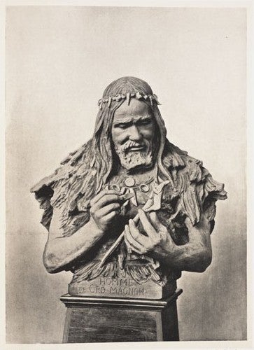 Cro-Magnon man. Image source: Rutot, Aimé. Un essai de reconstitution plastique des races humaines primitives. Brussels: Hayez, 1919, pl. 12.