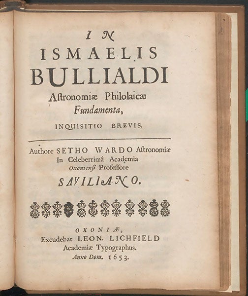 Title page, In Ismaelis Bullialdi astro-nomiae philolaicae fundamenta inquisitio brevis, by Seth Ward, 1653 (Linda Hall Library)