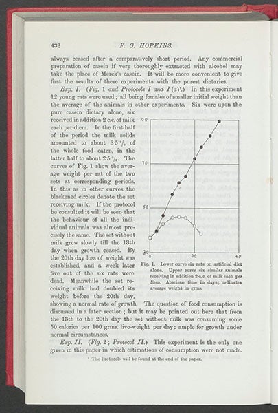 Graph comparing rats fed on an artificial diet (white dots) and rats fed a milk supplement (black dots), from F. Gowland Hopkins, “Accessory Food Factors,” Journal of Physiology, 1912 (1964) (Linda Hall Library)