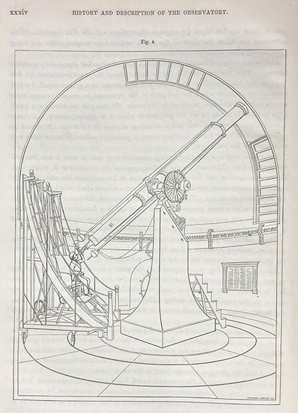 “Great Refractor” at Harvard College Observatory, with observing chair in use, line-drawing, Annals of Harvard College Observatory, vol. 1, p. xxxiv, 1856 (Linda Hall Library)