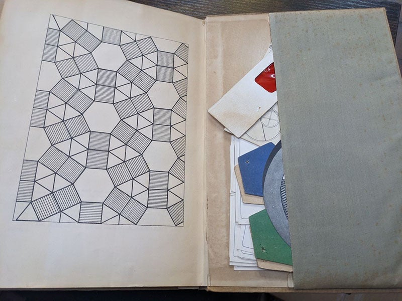 Rear pocket with red/green glasses and pop-up polygons, Mathematical Snapshots, by Hugo Steinhaus, 1938, Literary Cat Books, Wales (dealer’s copy)