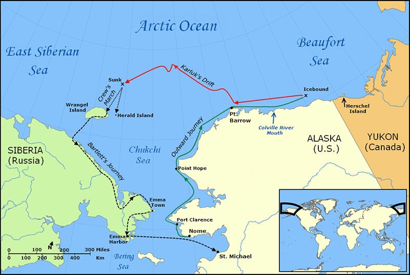 Modern map of the voyage of the Karluk; Murray and three others set out on foot from the X labelled “Sunk” and were never seen again (Wikimedia commons)