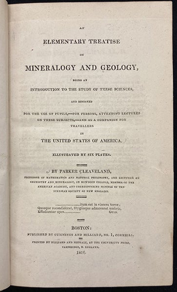 Title page, An Elementary Treatise on Mineralogy and Geology, by Parker Cleaveland, 1816 (Linda Hall Library)