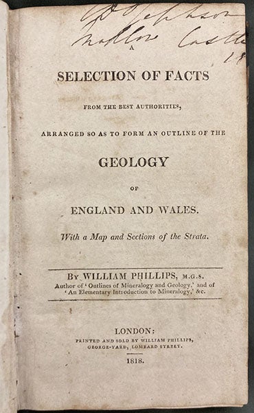 Title page, A Selection of Facts from the Best Authorities, Arranged so as to Form an Outline of the Geology of England and Wales, by William Phillips, 1818 (Linda Hall Library)
