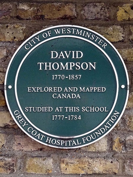 Green plaque honoring David Thompson, Grey Coat Hospital, Westminster, London (Wikimedia commons)
