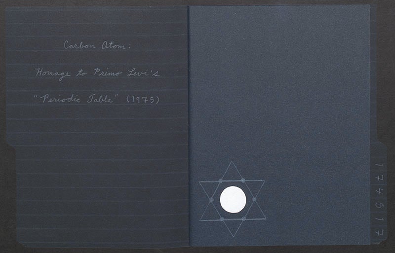 Opening spread with titlepage of Carbon Atom, by Angela Lorenz, 2019 (Linda Hall Library)