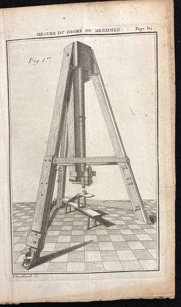 Zenith sector, built by George Graham for Pierre de Maupertuis, engraving, Dégré du méridien entre Paris et Amiens, déterminé par la mesure de M. Picard, et par les observations de Mrs de Maupertuis, Clairaut, Camus, Le Monnier, de l'Academie Royale des Sciences, p. lvi, 1740 (The Linda Hall)