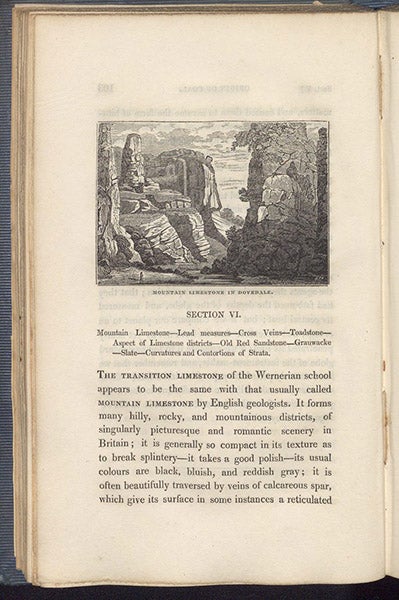 “Mountain Limestone of Dovedale,” full page, with wood-engraved headpiece to Sect. 6, headings, and text, William Thomas Brande, Outlines of Geology, 1829 ed. (Linda Hall Library)