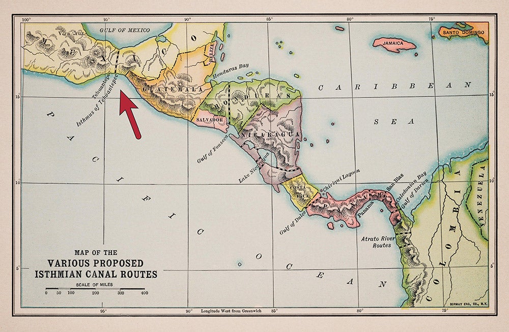 Route of Eads’ ship railroad across the Isthmus of Tehuantepec. From W.F. Johnson, Four centuries of the Panama Canal, New York, 1907.