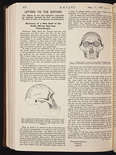 Broom’s letter to the editor of Nature, 1947 (Linda Hall Library)