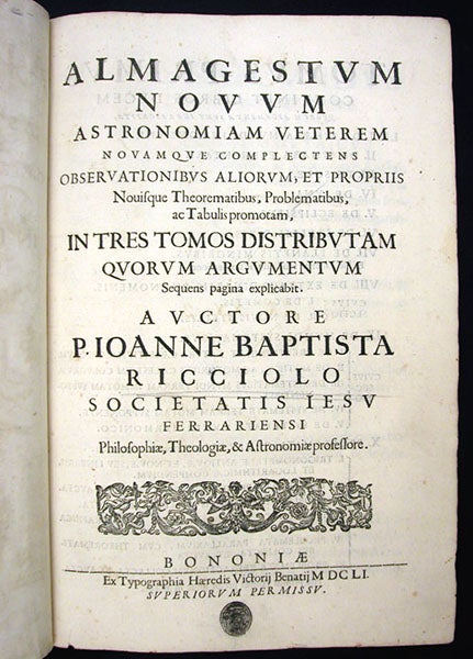 Title page, Almagstum novum, by Giovanni Battista Riccioli, 1651 (Linda Hall Library)