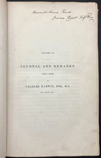Half-title page to volume 3, written by Charles Darwin, of Narrative of the Surveying Voyages of His Majesty's ships Adventure and Beagle, by Robert FitzRoy et al., 1839 (Linda Hall Library)