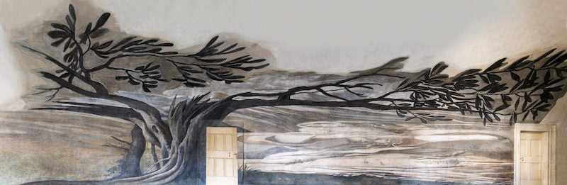 <i>Saint Francis of Paola</i>, anamorphic fresco painting by Emmanuel Maignan, viewed from the side, convent hallway, Ss. Trinità dei Monte, Rome (trinitadeimonti.net)