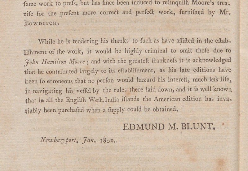 “Advertisement” by the publisher, detail, Nathaniel Bowditch, The New American Practical Navigator, 1802 (Linda Hall Library)