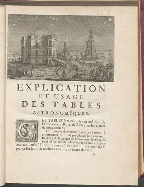 First page, with engraved headpiece of the Paris Observatory, Tables astronomiques, by Jacques Cassini, 1740 (Linda Hall Library) 