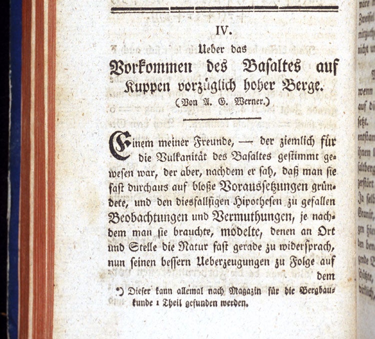 Werner’s article on the occurrence of basalt. Image source: Werner, Abraham Gottlob (1748-1817). "Ueber das Vorkommen des Basalates auf Kuppen vorzueglich hoher Berge." Bergmännisches Journal, vol. 2, 1789, p. 252.