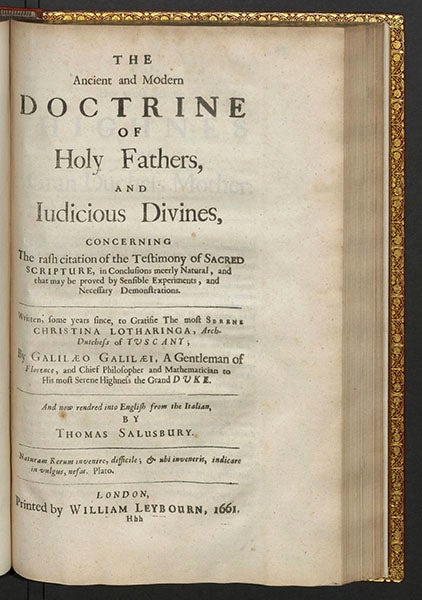 Title page of Galileo’s Letter to the Grand Duchess Christina as printed in Thomas Salusbury, Mathematical Collections and Translations, 1661 (Linda Hall Library)