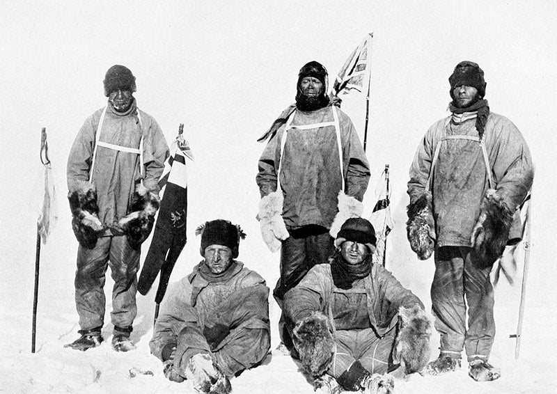 Robert Scott expeditionary members at the South Pole; Bill Wilson is seated at right, photograph, Jan. 17, 1912 (Wikimedia commons)