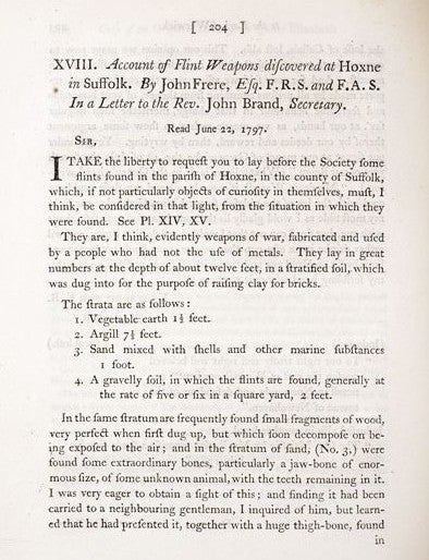 John Frere’s paper. Image source: Frere, John. "Account of Flint Weapons Discovered at Hoxne in Suffolk." Archaeologia, vol. 13, 1800, pp. 204-5.
