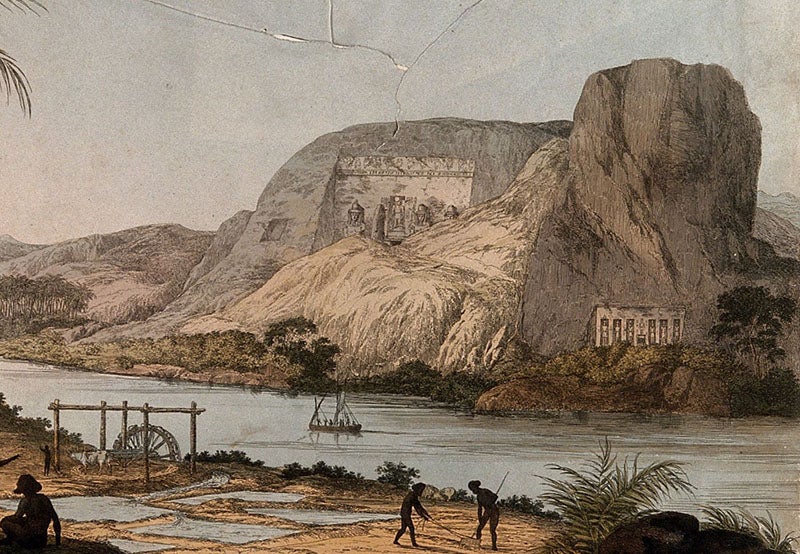 Temple of Ramesses II (left, partially covered by sand) and the Temple of Hathor from across the Nile, detail of a colored etching by A. Aglio, 1820, after G. Belzoni, Wellcome Collection (wellcomecollection.org)