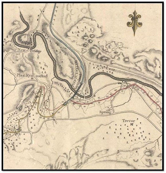 Map of the Pontcysyllte Aqueduct crossing the River Dee in Denbighshire, Wales, by William Jessop, 1803; the River Dee loops across horizontally, and the aqueduct is at center, running from SSW to NNE (plaskynastoncanalgroup.org)