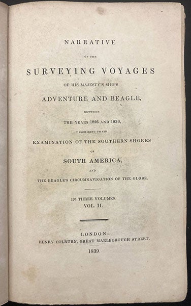 Title page, volume 2, Narrative of the Surveying Voyages of His Majesty's ships Adventure and Beagle, by Robert FitzRoy et al., 1839 (Linda Hall Library)