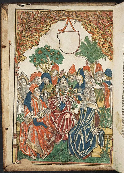 Frontispiece depicting the ancient Greek physician Dioscorides, hand-colored woodcut, [Gart der Gesundheit], printed by Peter Schoeffer, Mainz, 1485 (Linda Hall Library)