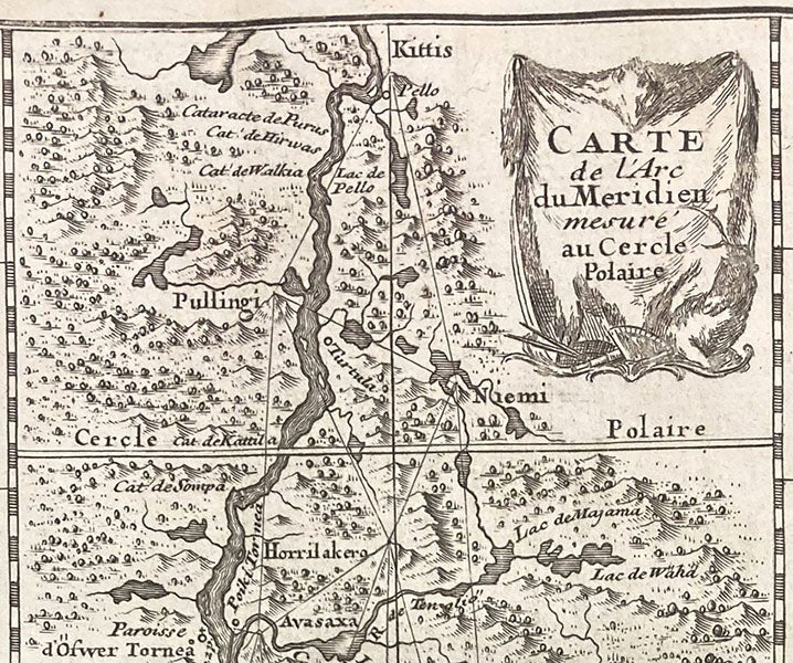 Detail of map of Lapland, showing series of triangulations made to determine the length of a degree of latitude, La figure de la terre, déterminée par les observations de Messieurs de Maupertuis, Clairaut, Camus, Le Monnier ... & de M. l'Abbé Outhier ... accompagnes de M. Celsius ... faites par ordre du roy au cercle polaire, plate 1 at end, 1738 (The Linda Hall)