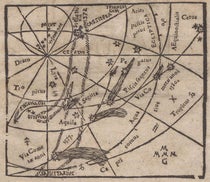 Woodcut comet map, showing the paths of the comets of 1580 and 1577, and the location of the new star of 1572 in Cassiopeia, title page, Consideratio & obseruatio cometae aetherei astronomica, qvui anno M D LXXX … in alto Aethere apparuit, by Michael Maestlin, 1581 (The Linda Hall)