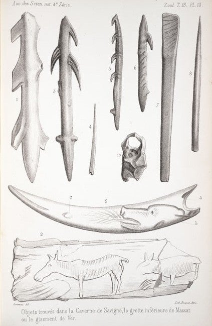 Bones and tools. Image source: Lartet, Edouard. "Nouvelle recherches sur la coexistence de l'homme et des grands mammiferes fossils..." Annales des sciences naturelles, 4th ser., Zoologie et Paleontologie, vol. 15, 1861, pl. 13.